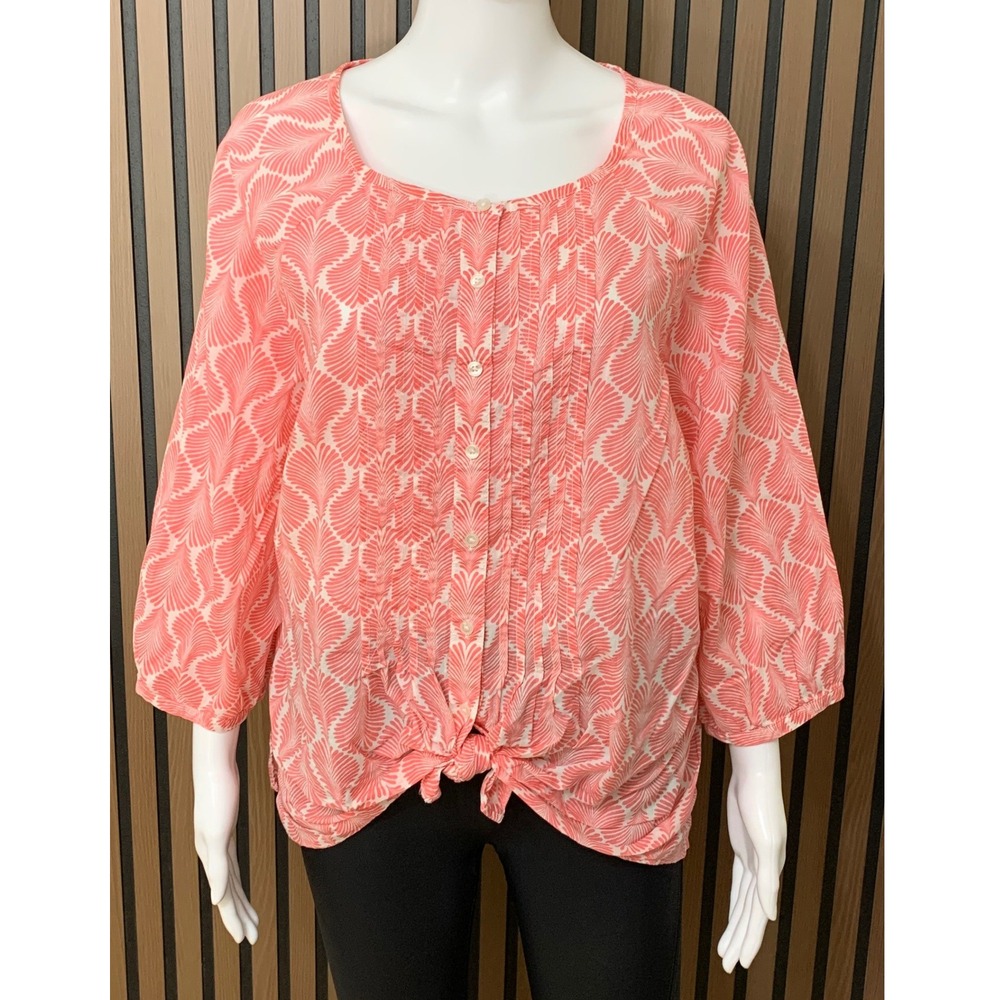 Talbots Women's Petites Pink White Print Pintuck Tie Front Cotton Blouse 2XP